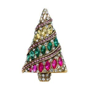 Christmas Tree Brooch Pin With Multicolor Crystals Gold-Tone